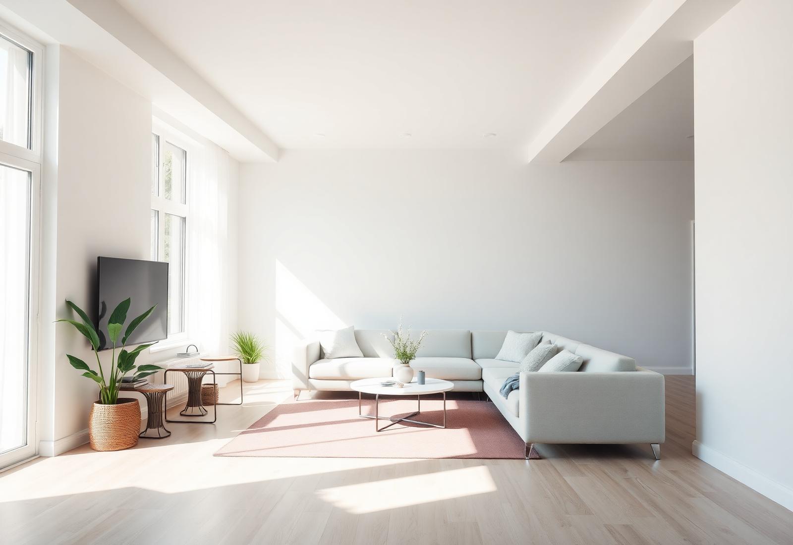 A bright, freshly cleaned living room with sunlight across pale wood floors