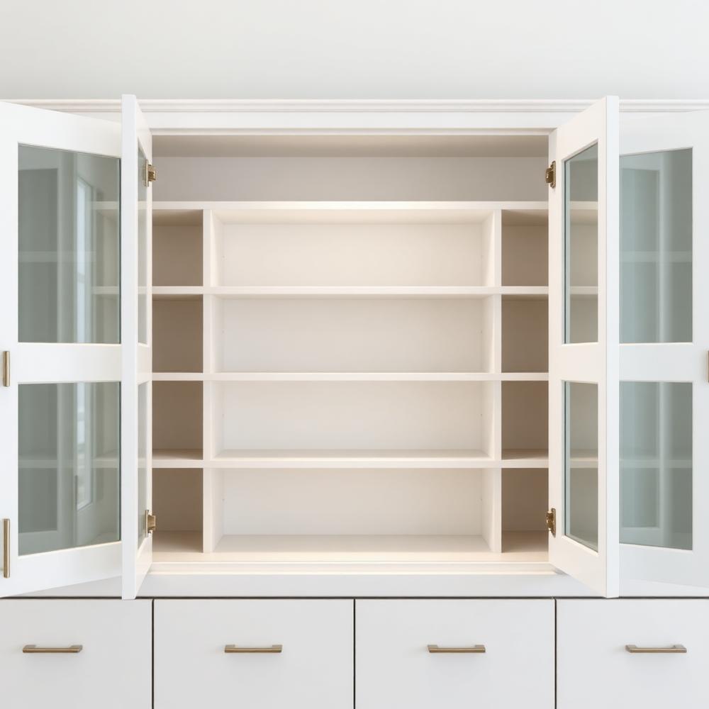 Open kitchen cabinets with spotless empty shelves